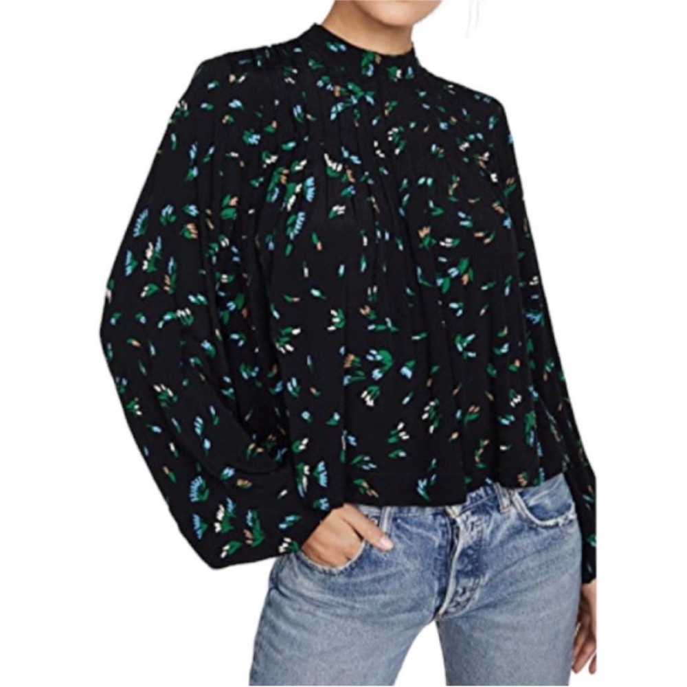 Ganni Crepe Pintucked Printed Balloon Sleeve Blouse In Verdant Green 40